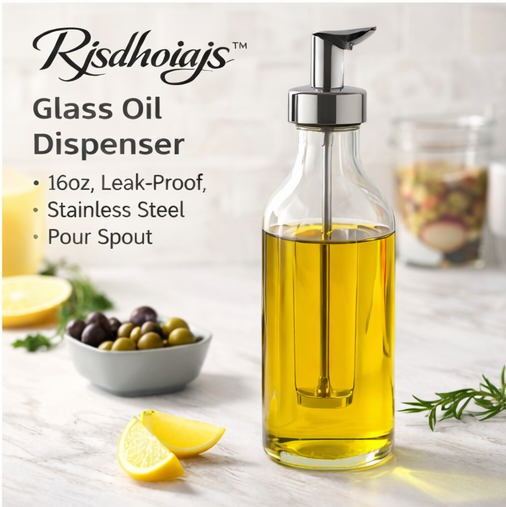 Rjsdhoiajsโข 16oz Glass Oil Dispenser โ Leak-Proof Stainless Steel Pour Spout