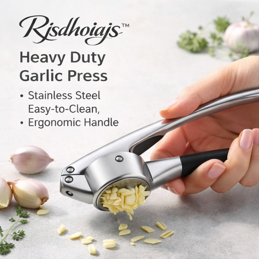 Rjsdhoiajsโข Heavy-Duty Stainless Steel Garlic Press โ Ergonomic Easy-Clean Kitchen Tool