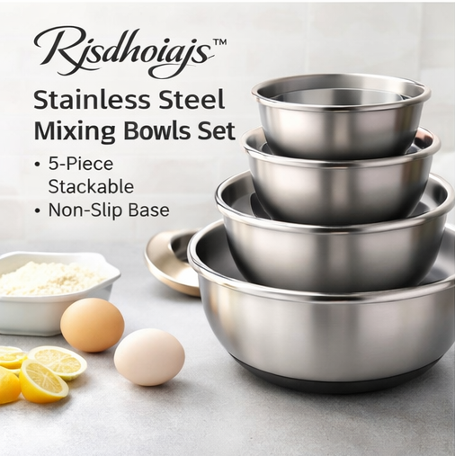 Rjsdhoiajs™ Stainless Steel Mixing Bowls Set – 5-Piece Stackable Non-Slip Collection