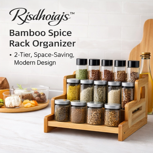Rjsdhoiajs™ Bamboo Spice Rack Organizer – 2-Tier Space-Saving Countertop Storage
